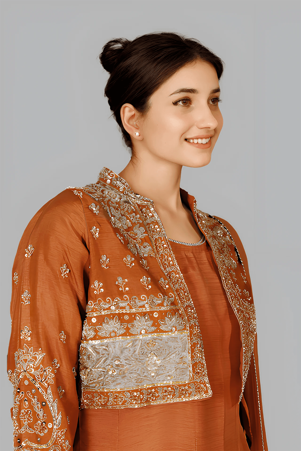 chambeili Aiza Burnt Orange Embellished Raw Silk Bolera Jacket & Long Dress Suit 3 PC Party Ensemble