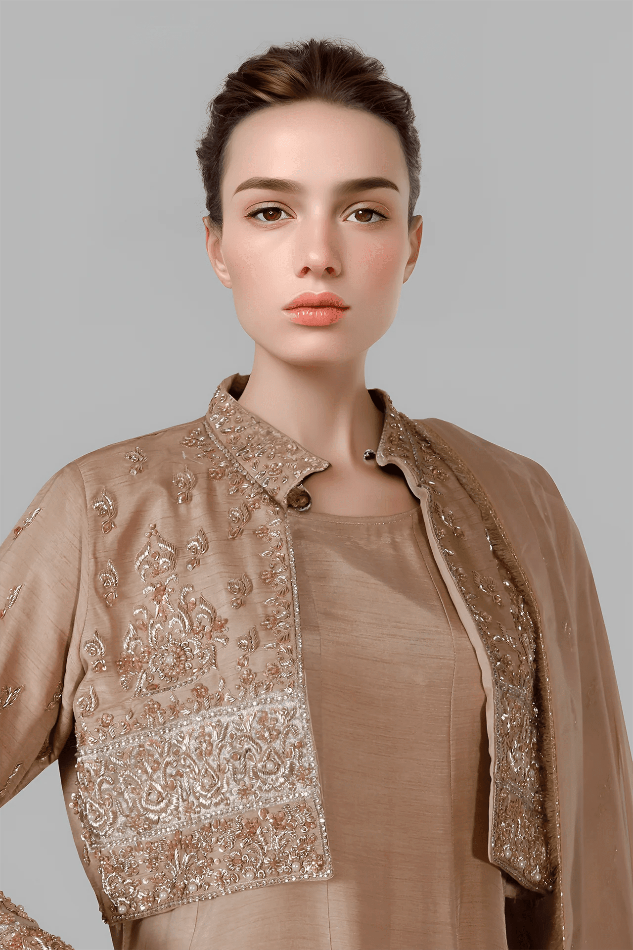 chambeili Aiza Caramel Gold Embellished Raw Silk Bolera Jacket & Long Dress Suit 3 PC Party Ensemble